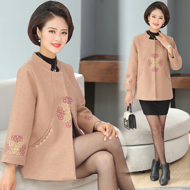 Áo khoác dạ trung niên nữ cao cấp, hoạ tiết trang trọng thiết kế vòng tròn trẻ trung, sang trọng NV0502
