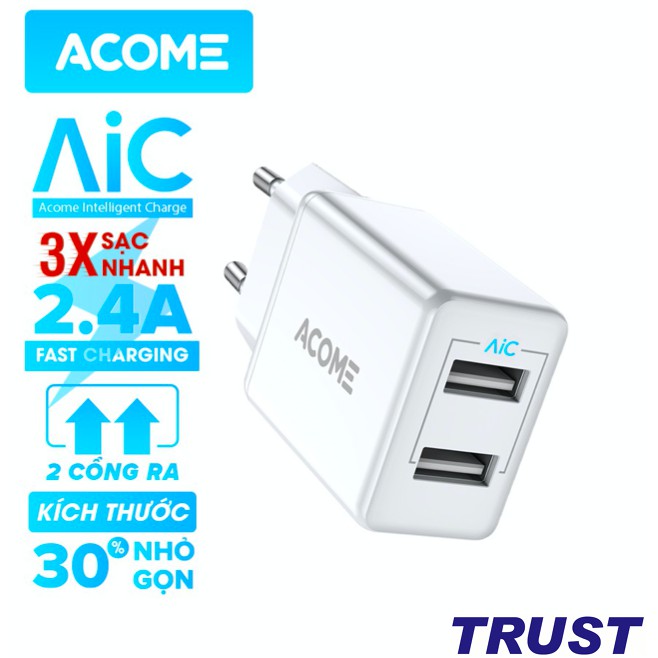 Cốc sạc ACOME 2 Cổng USB Sạc Nhanh 2.4A - AC03 - BẢO HÀNH 1 ĐỔI 1