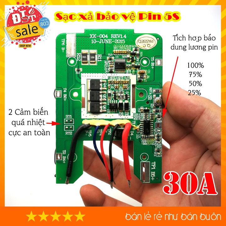 Mạch bảo vệ pin lithium 5S series 18650 bảo vệ, cân bằng, sạc xả, xả liên tục 30A, có tích hợp báo pin