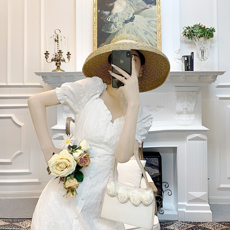 SALE SỐC Váy dài trễ vai xinh xắn chụp kỷ yếu, Váy trắng tiểu thư đuôi cá vintage đi biển, đi chơi