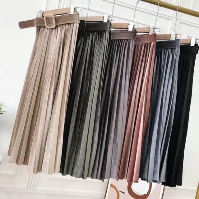Chân váy ly nhung kèm đai ( Ảnh thật)