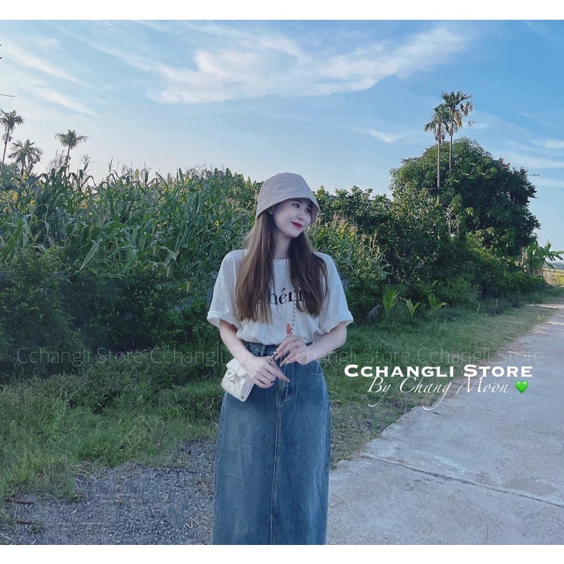 Chân váy jeans dài xẻ trước, xẻ sau