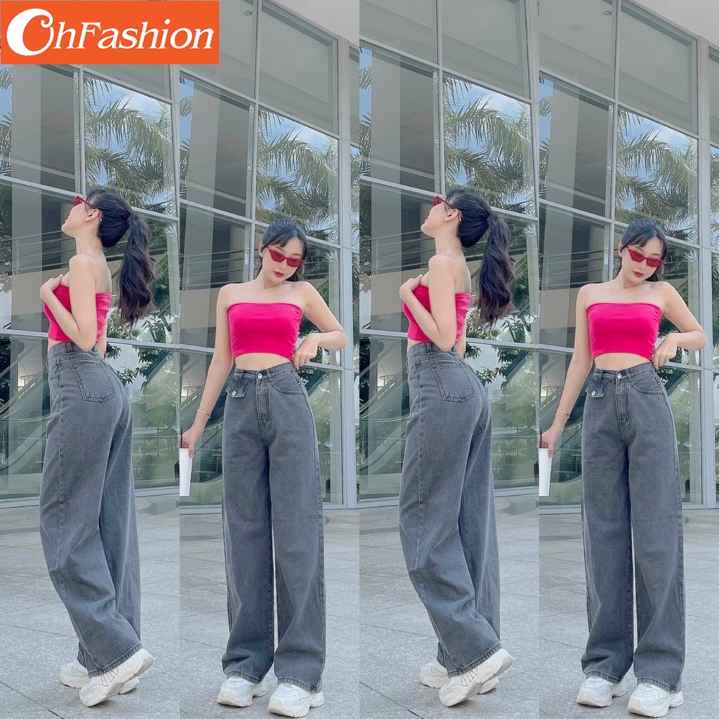Quần jean nữ ống rộng túi nắp phía trước màu xanh xám, quần bò nữ lưng cao dáng suông basic OHS260