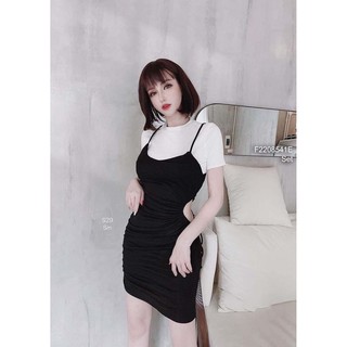 Set thun zip áo trắng tay con phối đầm body đen rút bên sườn khoét eo 2 dây!