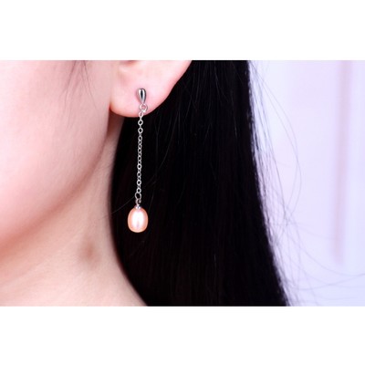 Bông Tai Dài Ngọc Trai Bạc S925 Mạ Bach Kim 8-9ly Sang Trọng - Ngọc Trai Trường Thịnh