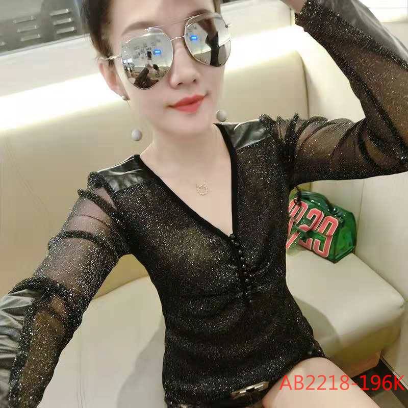 (AB2218) Áo kiểu nữ cổ chữ V tay lưới vải phun kim sa đính cúc trang trí siêu xinh