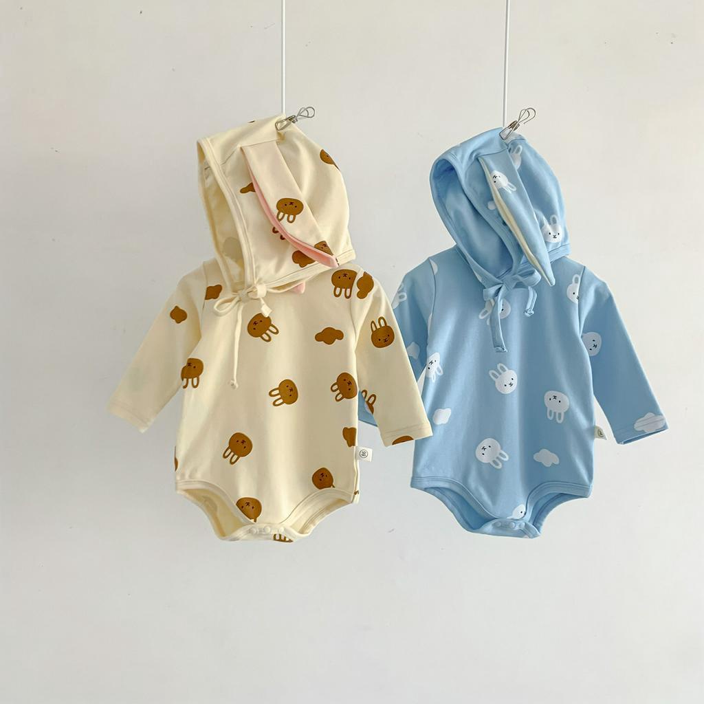 Bộ Áo Liền Quần Tay Dài In Hình Thỏ Dễ Thương Kèm Mũ Thời Trang Mùa Xuân Cho Bé Sơ