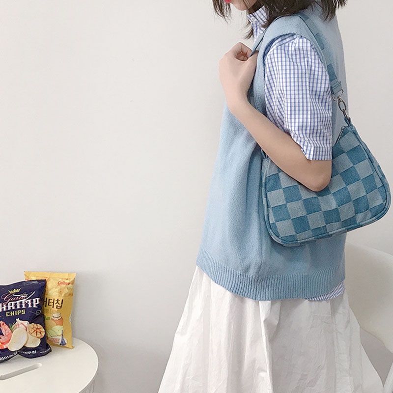 Ielgy Túi Xách Tay Họa Tiết Kẻ Caro Màu Xanh Dương Cho Nữ
