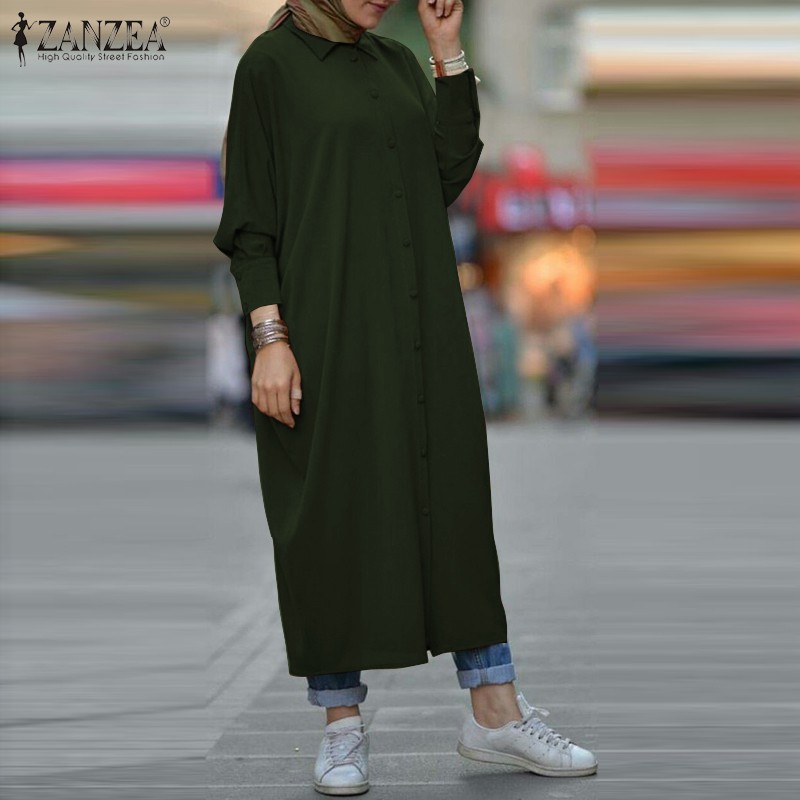 Đầm Maxi ZANZEA Tay Dài Cài Nút Trước Ngực Phong Cách Đạo Hồi Cho Phái Nữ