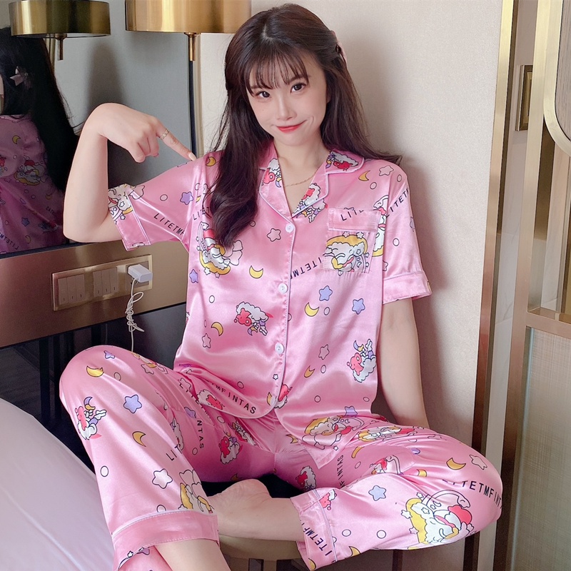 Bộ đồ ngủ ngắn tay vải lụa satin in hoa thời trang cho nữ