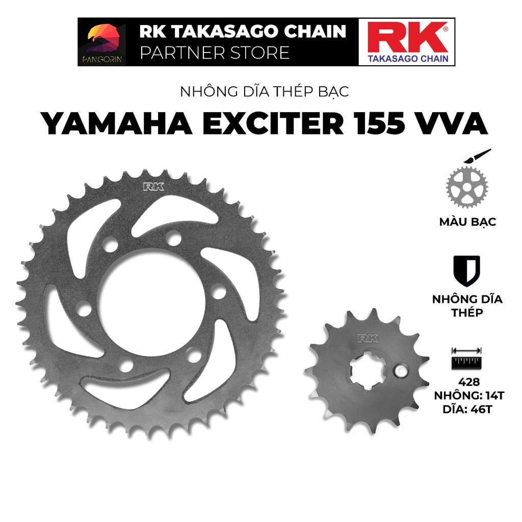 Nhông Dĩa RK Takasago cho xe máy Yamaha Exciter 155 VVA, chất liệu: Thép mạ màu bạc, độ dày Nhông Dĩa: 428