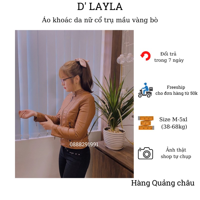 Áo khoác da nữ dáng ngắn cổ đứng mâu vàng bò D' Layla chất da Pu sần mềm mịn
