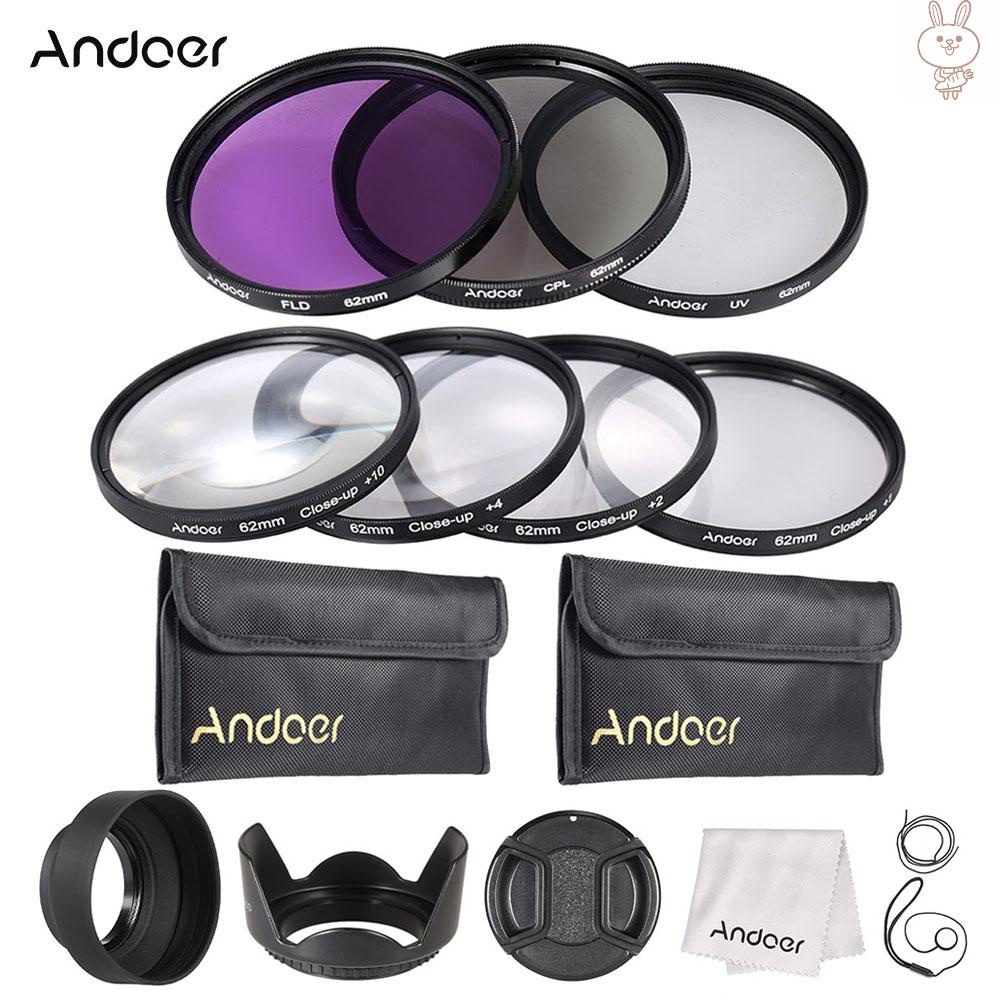 OL Andoer 62mm UV + CPL + FLD + Close-up(+1+2+4+10) Lens Filter Kit with Carry Pouch + Lens Cap + Lens Cap Holder + Tulip & Rubber Lens Hoods + Lens Cleaning Cloth