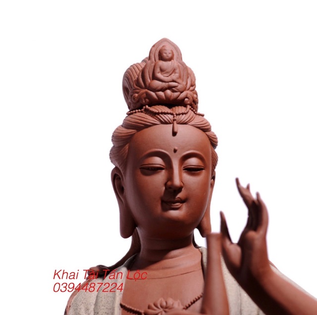 Tượng Quan Âm Thuỷ Nguyệt gốm tử sa cao 33 cm hàng cao cấp