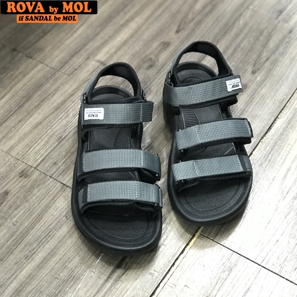 Giày sandal nam hiệu Rova siêu bền 3 quai ngang đế cao su quai dù đi làm đi học màu xám mã RV183-1