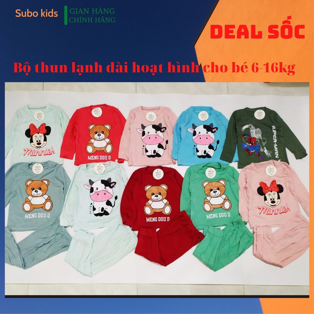 Bộ dài tay thun lạnh hoạt hình cho bé trai, bé gái 6-16kg