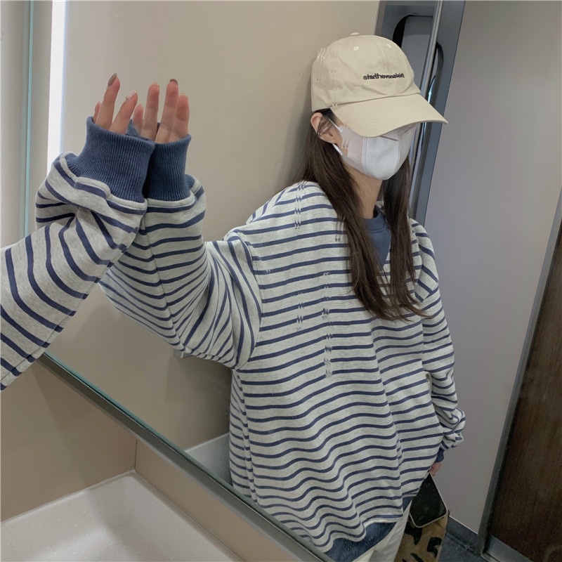 Áo thun nữ dài tay cổ tròn sọc ngang thời trang Hàn