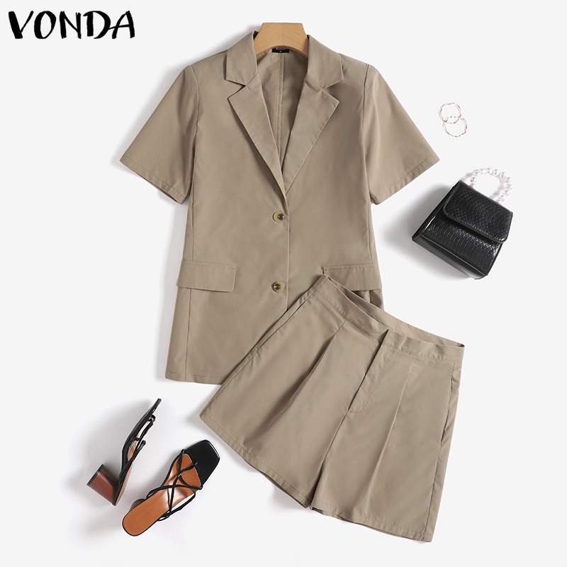 Set đồ VONDA áo khoác blazer tay ngắn và quần đùi lưng cao màu trơn phong cách Hàn Quốc mùa hè xinh xắn dành cho nữ