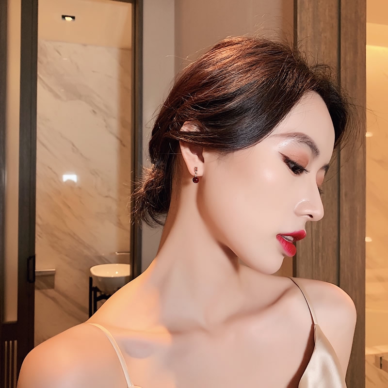 Ab Khuyên Tai Đính Kim Cương Ngọc Trai Đỏ Lấp Lánh Thanh Lịch vintage Hàn Quốc Cho Nữ