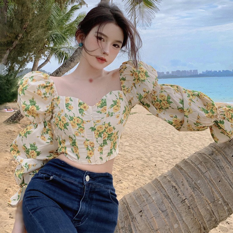 Áo Croptop Tay Dài Cổ Vuông In Họa Tiết Hoa Phong Cách Hàn Quốc Thời Trang Cho Nữ