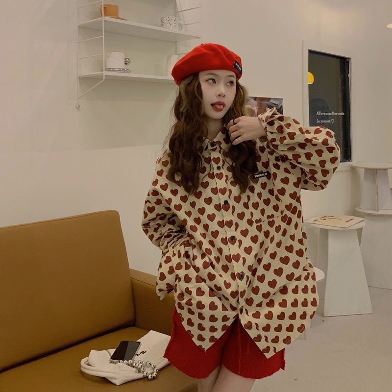 Áo Sơ Mi Tay Dài Họa Tiết Trái Tim Phong Cách retro Thời Trang