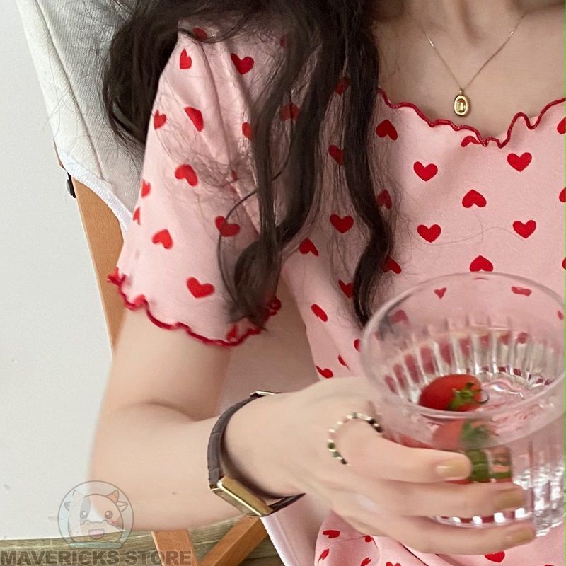 Bộ Đồ Ngủ Tay Ngắn Dáng Rộng Cỡ Lớn In Họa Tiết Trái Tim Dễ Thương Phong Cách Hàn Quốc Cho Nữ
