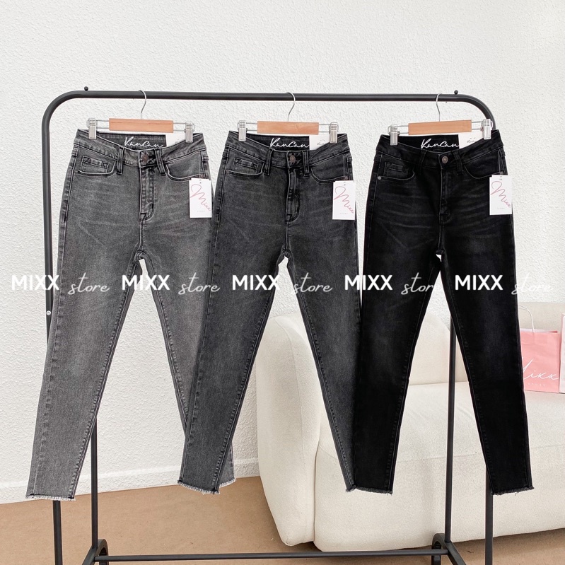 Quần Jean Nữ Skinny Xám Lai Tua lưng cao chất jean co giãn thoải mái phom 9 tấc tôn dáng