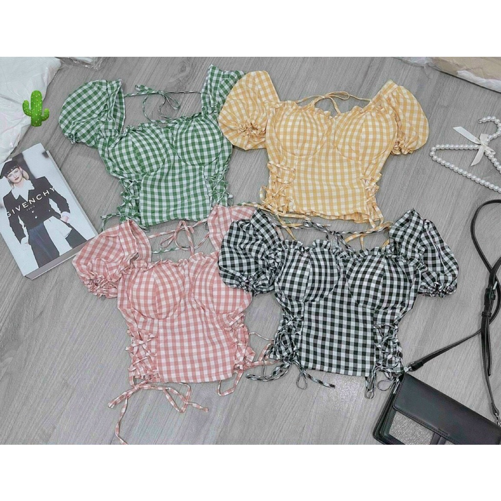 Áo croptop tay ngắn caro rút dây 2 bên cực xinh , chất kate lụa mềm mịn ( ảnh thật )