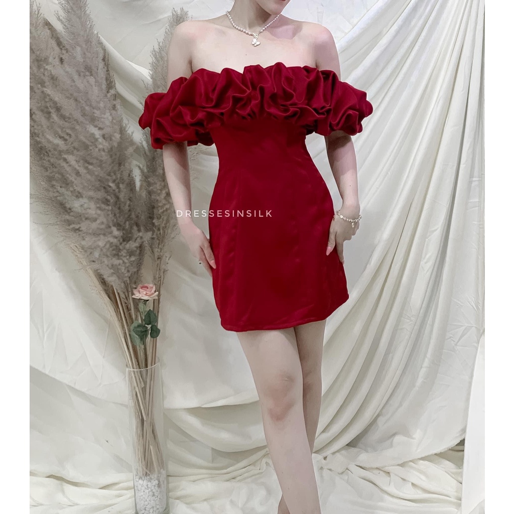 Váy Ôm Body Trễ Vai, Đầm Đỏ Noel Nữ Nhún Tầng Bèo Chất Vải Cao Cấp, Siêu Tôn Dáng, Phong Cách Gợi Cảm, Quyến Rủ Cho Bạn