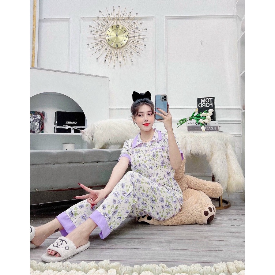 Đồ ngủ pyjama lụa quần dài tay cộc đồ bộ mặc nhà dễ thương