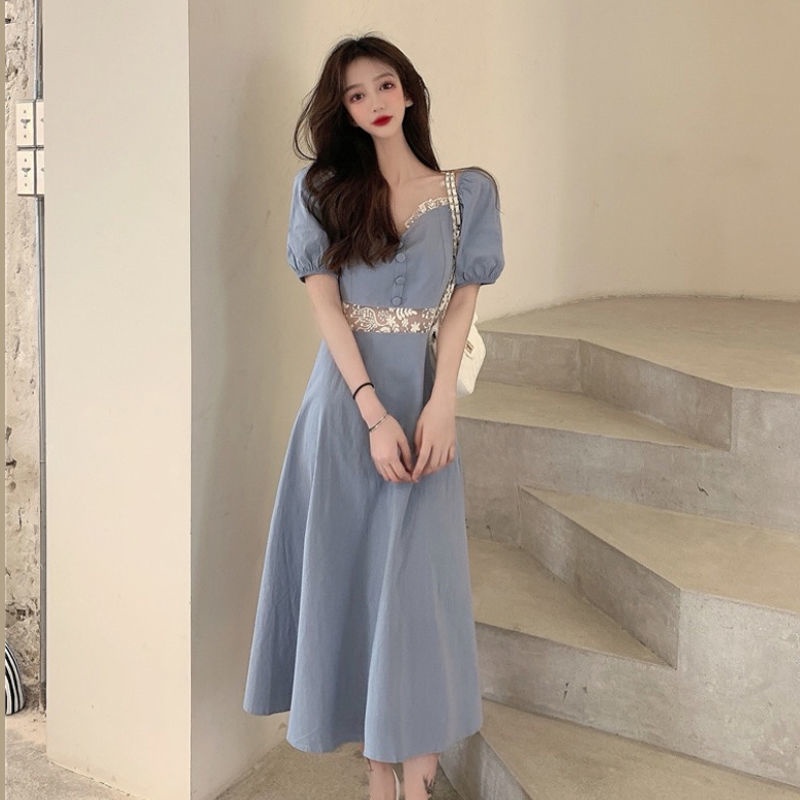 Đầm Midi Tay Ngắn Phồng Màu Xanh Dương Phong Cách Pháp Cổ Điển Thời Trang Mùa Hè 2022 Cho Nữ