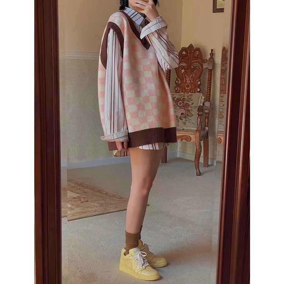 Áo Len Không Tay Dáng Rộng Họa Tiết Sọc Caro Cho Nữ