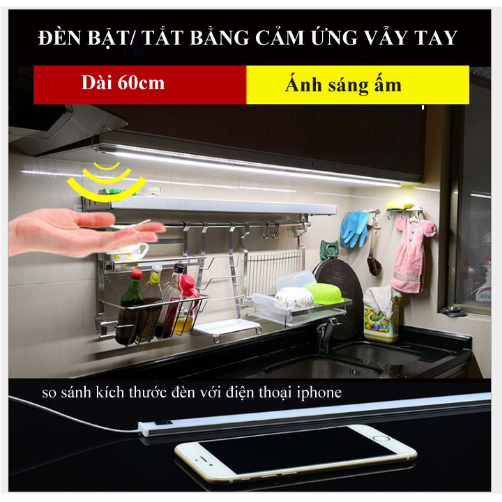 (ánh sáng vàng) Đèn cảm ứng vẫy tay lắp tủ bếp 60cm kèm nguồn 12v 1A