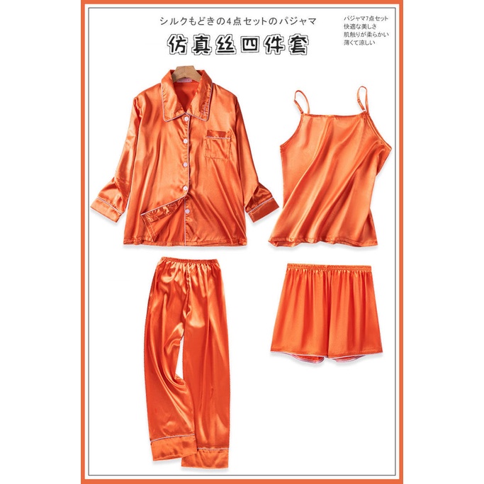 Bộ Đồ Ngủ 4 Món Vải Satin Màu Sắc Nhã Nhặn Dành Cho Nữ