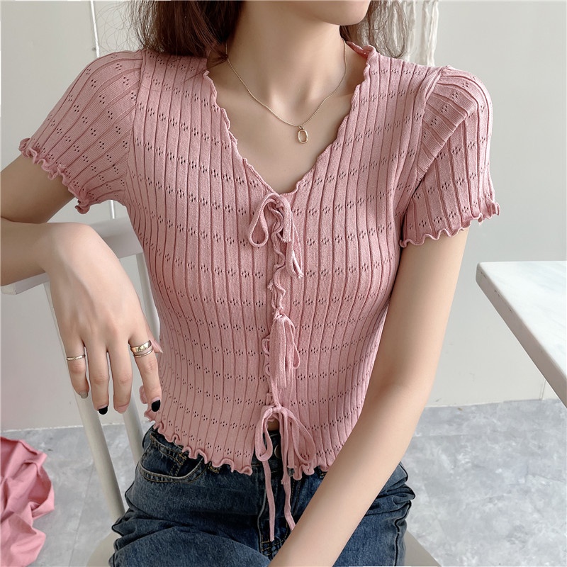 Áo kiểu tay ngắn cổ chữ V ôm dáng vừa vặn phối ren mẫu 2021 thời trang dành cho nữ VN183