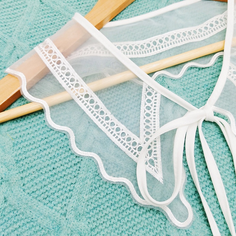 Khăn Choàng Cổ Lưới Xuyên Thấu Màu Trắng Thêu Họa Tiết Hình Học Phối Nơ Cột Dây Có Thể Tháo Rời Cho Nữ