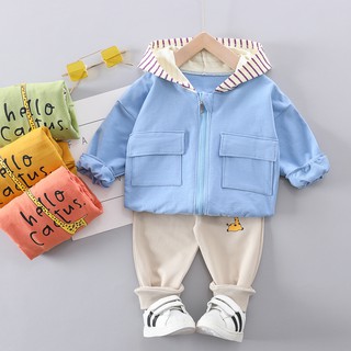 Bộ áo khoác hoodie tay dài phối khóa kéo + quần dài thời trang mùa thu năng động