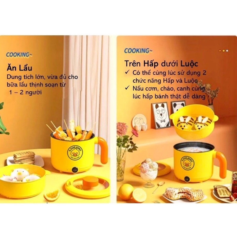 Nồi lẩu mini chống dính kèm khay hấp 18cm hình VỊT VÀNG cute - Nồi lẩu điện đa năng, ca nấu mì vịt vàng có tay cầm