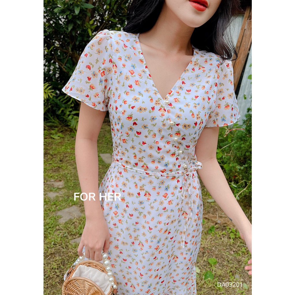 Đầm cổ tim nơ eo hoa DA0320