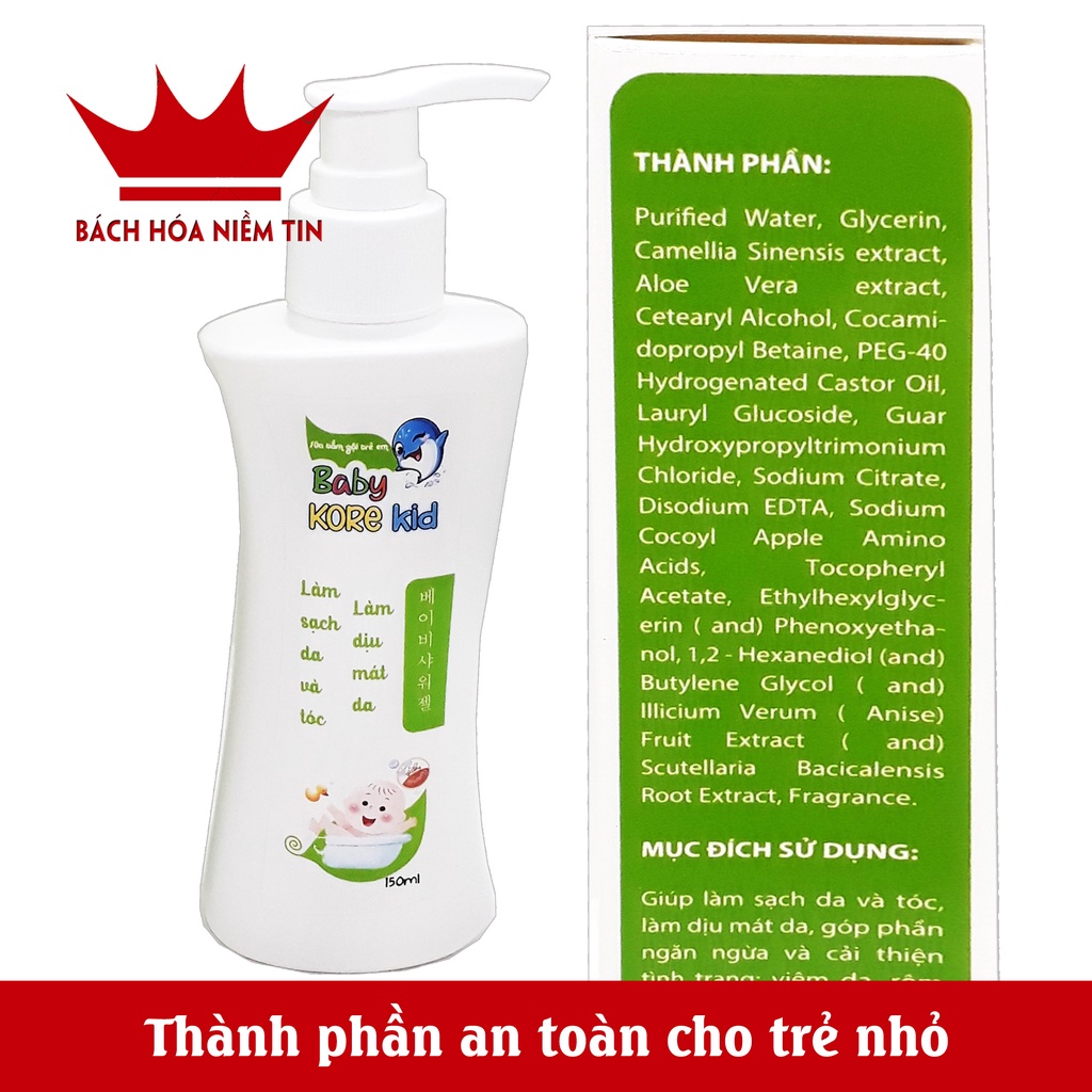 Sữa tắm gội cho trẻ em Baby Kore Kid - Thành phần an toàn chăm sóc nhẹ dịu làn da bé - Chai 150ml