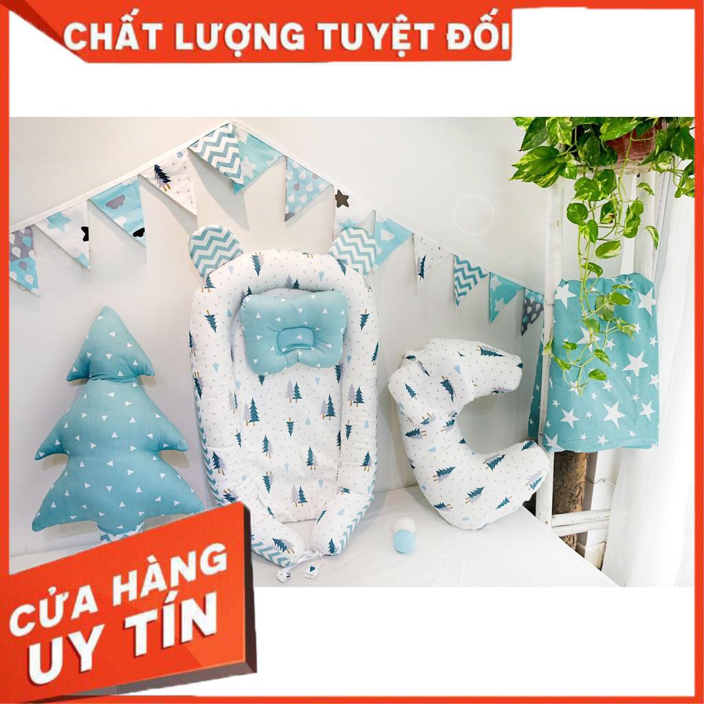 [100% ẢNH THẬT] Combo nôi vải, gối lót đầu, gối chữ C Runakids hình cây thông xanh