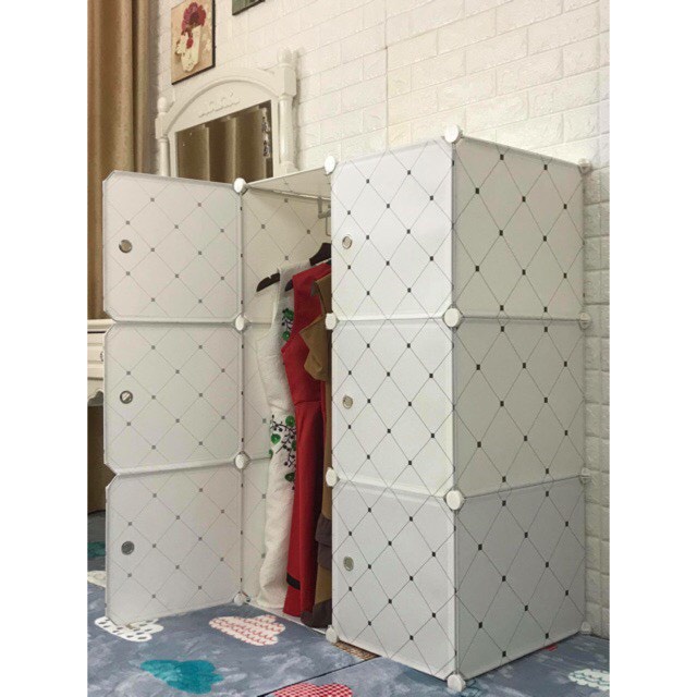 Tủ nhựa quần áo lắp ghép 6 ô sâu 47cm. Tặng kèm 1 treo đồ. Thân hồng cửa xanh