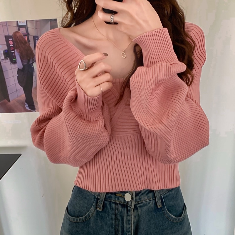 Áo Len Nữ 🖤TVX Clothes🤍 Áo Len Trễ Vai Dáng Croptop Dài Tay Kèm Hai Dây