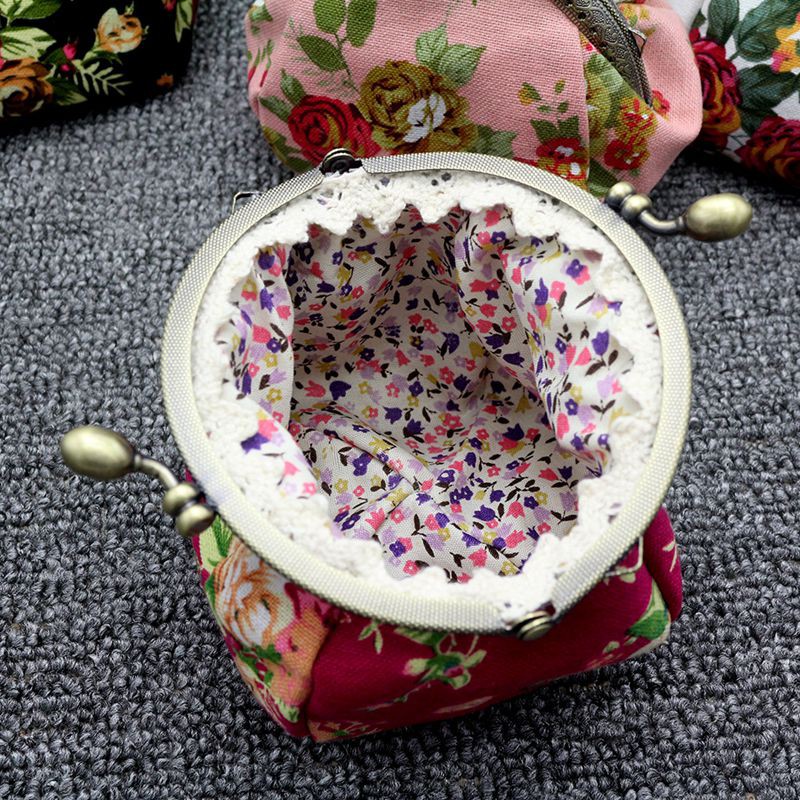 Ví Đựng Tiền Xu Khóa Kẹp Họa Tiết Hoa Vintage Cho Nữ