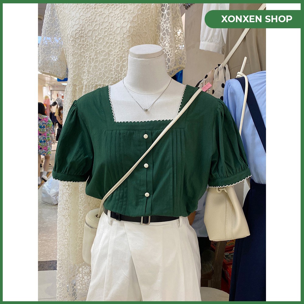 Áo kiểu tay phồng áo kiểu nữ cổ vuông viền trắng XONXEN SHOP QUY NHƠN freesize mã s538