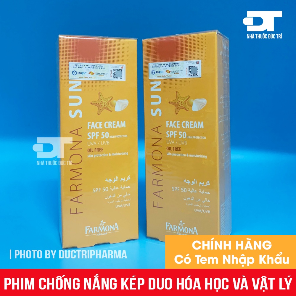 Kem Chống Nắng Farmona Sun Face Cream SPF50 Oil Free - Phim chống nắng kép Duo hóa học và vật lý bảo vệ da 50ml