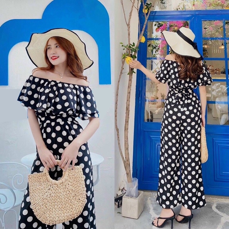 jumpsuit trễ vai eo thun chấm bi bao xinh