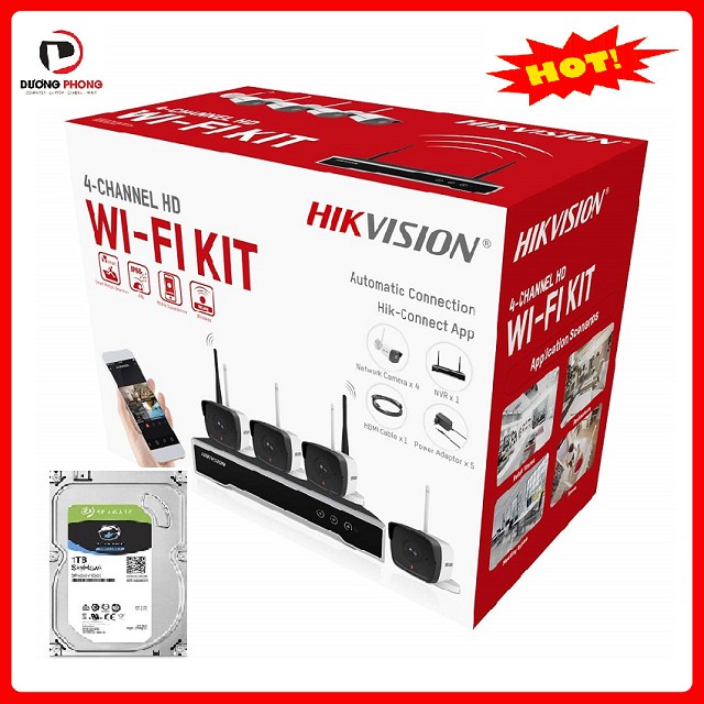 [ Tặng ổ cứng 500GB] Bộ Kit 4 Camera IP Wifi 2MP Thế hệ mới HIKVISION NK42W0H(D) - BH24T Chính hãng