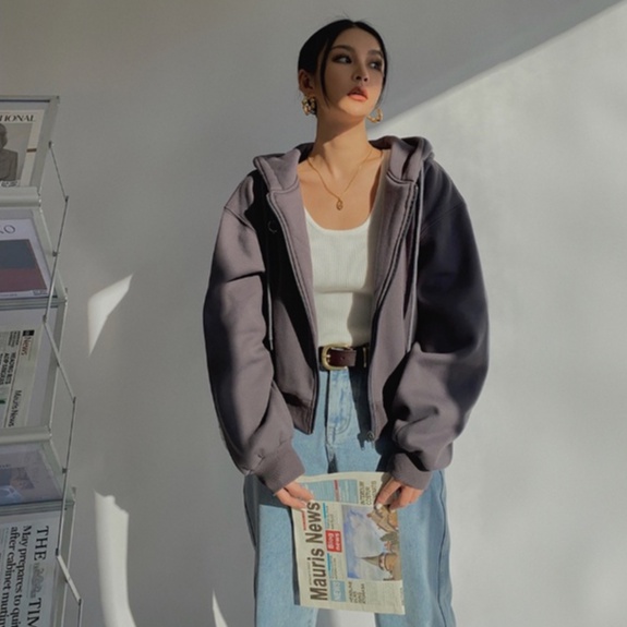 Áo Khoác cardigan Ngắn Dày Dặn Có Khóa Kéo Dáng Rộng Phong Cách Âu Mỹ Thời Trang Cho Nữ