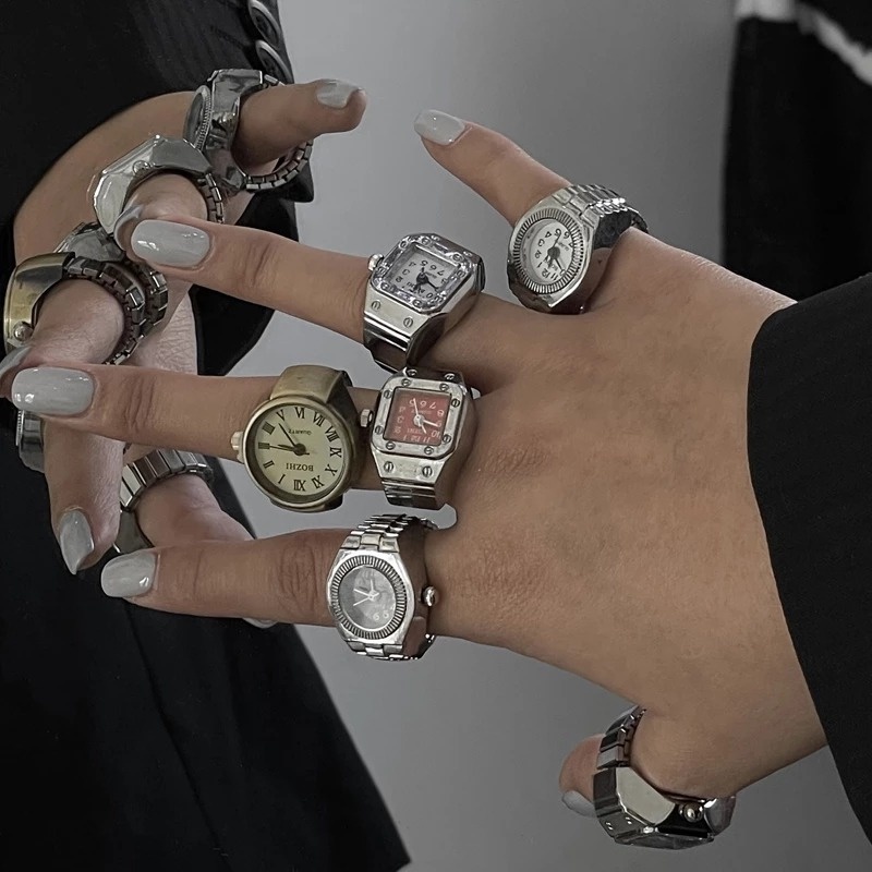 Nhẫn Hình Đồng Hồ Kim Loại Phong Cách Vintage Cá Tính